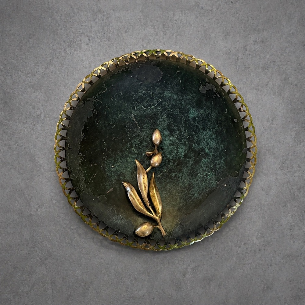 Vintage Handmade Israel Brass Bowl Pedestal Dish Olive Branch Mid Century